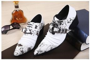 Mens printing patent leather white wedding shoes men pointed toe high heel caeer work shoes party dress shoes big yards 46 US12