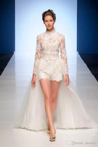 Ines Di Santo Lace Jumpsuit Short Wedding Dresses Two In One Detachable Train Sheer Long Sleeve Illusion Bodice Overskirt Bridal Gowns