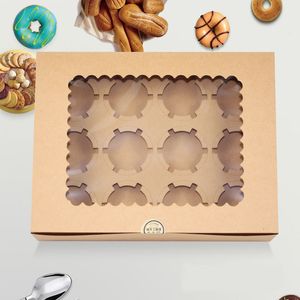New 10pcs/lot Window Cupcake Box with Insert Fits 12 Standard Size Cupcakes Clay Coated Kraft Paper board, Insert Lock Corner Bakery Boxs