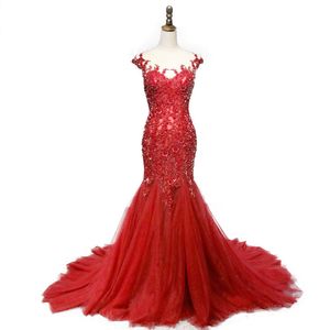 Setwell Red Lace Mermaidイブニングドレスエレガントなスイープトレインフォーマルドレスイブニングプラスサイズのvestidos de fiestaスパンコールのプロムのガウン