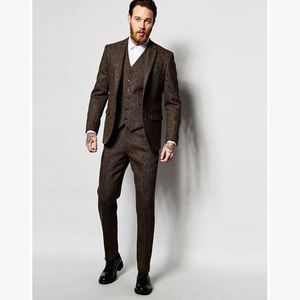 Moda zimowa Tweed Groom Tuxedo Excellent Man Blazer Notch Lapel Dwa Przycisk Mężczyzna Business Dinner Prom Suit (Kurtka + Spodnie + Kamizelka + Kamizelka) No: 181