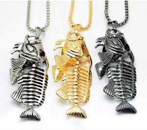 Collana con ciondolo a lisca di pesce retrò in acciaio inossidabile Uomo Donna Europa Stati Uniti Collane con lisca di pesce Gioielli Nero Argento Oro