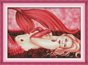 Kırmızı mermaid dekor resimleri, El Yapımı Çapraz Dikiş Nakış İğne Setleri sayılan tuval üzerine baskı DMC 14CT / 11CT