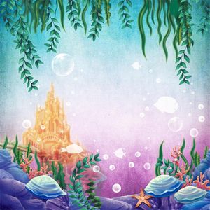 Złoty zamek pod morzem tło fotografia zielone liście ryba bąbelki księżniczka mała syrenka urodziny impreza zdjęcie stoisko tło