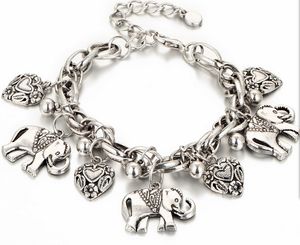 12 pçs / lote Trendy Prata Cor Charm Bracelet Declaração Bohemian Mulheres Pulseira Com Coração Do Elefante Do Vintage Jóias Para As Mulheres