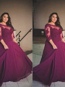 Plus size Purple Lace Cheap Prom Evening Dresses Chiffon Sheer Neck Illusion Half Sleeves Applique Long Pageant Special Occasion Dress