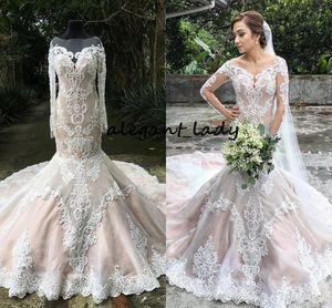 Real Pictures Mermaid Wedding Dresses Sheer Jewel Neck Luxury Appliques Sweep Train Custom Made Long Sleeve Wedding Dress Autumn Bridal Gown