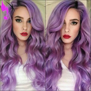 Parrucca viola ondulata lunga con radici scure alla moda Parrucca anteriore in pizzo sintetico densità 180% Parrucche ombre per capelli da donna Fibra resistente al calore