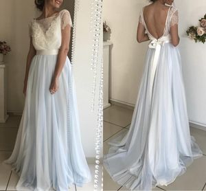 Mixed Color Dusty Blue White Prom Dresses Bateau Neck Short Sleeves Lace Tulle Backless Evening Gowns Floor Length Formal Dresses