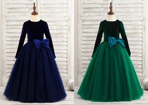 Basit Ucuz Uzun Kollu Çiçek Kız Elbiseler 2022 Mücevher Boyun Balo Kadife Tül Büyük Yaylar Düğün Bebek Için İlk Communion Elbise