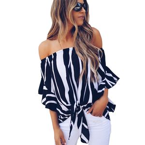 top e camicette da donna 2018 camicetta estiva camicia casual in chiffon Top a righe con spalle scoperte Camicie da donna con collo slash abbigliamento donna