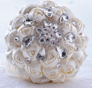 Elegant grädde bröllopbuketter 2020 med sparkly kristall pärlstav rhinestones silke ros blommor gratis frakt designer billig brudbukett