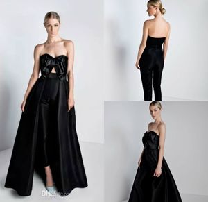 Svart jumpsuits prom klänningar med avtagbar tåg båge strapless nacke formell klänning kvällsklänningar satin overkirt kvinnor pantsuits