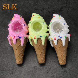 Spiral ice cream style smoking silicone pipes water pipe with clean clear glass bowl detachable oil burner bong unbreakable