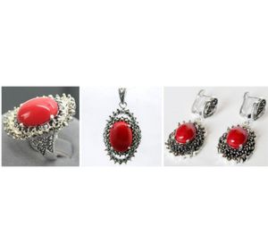 Fashion Red Carved Lacquer Marcasite 925 Sterling Silver floeer Ring(#7-10) Earrings & Pandent jewelry sets