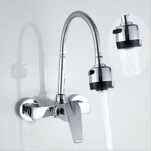 Wall Mounted Stream Sprayer Kitchen Faucet Single Handle Chrome Flexible Hose Kitchen Mixer Water Tap Dual Holes Free Shipping