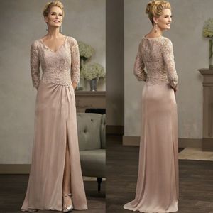 Spitze Seide Mutter der Braut Kleider Applikationen V-Ausschnitt Seite Split Langarm Kleider Party Abend für Hochzeit Mütter Gastkleid