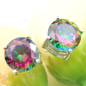 6 Pairs Luckyshine Superb Round Shiny Rainbow Mystic Topaz Gems 925 Sterling Silver Plated Stud Earrings Russia Canada Stud Earrings Jewelry