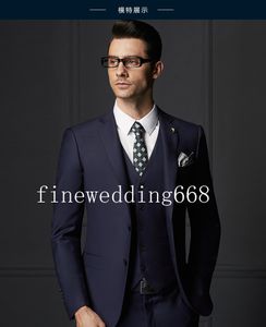 Güzel Serin Lacivert Çentik Yaka Düğün Damat Smokin Erkekler Düğün Takım Elbise / Balo / Yemeği Adam Blazer (Ceket + Kravat + Yelek + Pantolon)