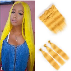 Yellow Bundles Human Hair With Frontal Yellow Color Hair Extension 3Bundles With Lace Frontal Closure Brazilian Virgin Hair Weaves 4Pcs/Lot