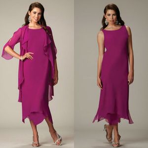 Chegada nova Plus Size Mãe Da Noiva Vestidos Com Jaqueta Chiffon Jóia Pescoço Chá Comprimento Mãe do Noivo Vestido de Noite Vestidos