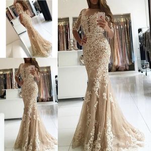 2018 Elegant Champagne Lace Mermaid Evening Dresses Half Sleeve Open Back Prom Dress Long Formal Party Gowns