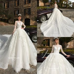 Naviblue Royal 2019 Long Sleeve Wedding Dresses Sweep Train Lace Applique Country Wedding Dress Plus Size Bridal Gowns
