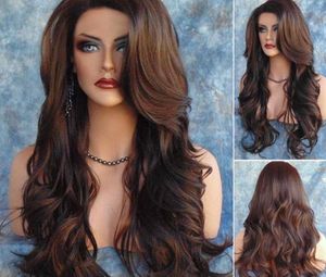 Synthetic Wig Dark Brown Long Crurly Wavy Glueless heat resistan Lace Wigs For Black Women FZP19