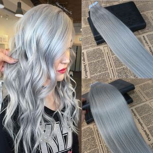 Taśma w ludzkich rozszerzeń włosów Sliver Color Skin Weft Taśma w rozszerzeniach Grey PU Prosta taśma na przedłużanie włosów 100 g / 40 sztuk