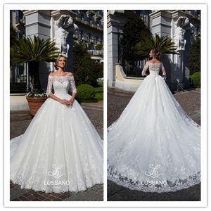 Modest Lace Wedding Dresses 2018 Arabic Sheer Bateau Half Sleeves Off Shoulders Appliqued Sweep Train Bridal Gowns Formal Bridal Gowns