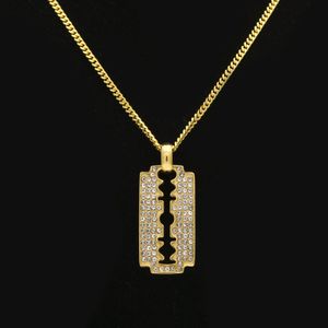Mäns 18k Real Gold Plated Rostly Steel Iced Out CZ Razor Blade Pendant Halsband med 3mm 24 -tums kuba Link Chain Hip Hop