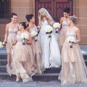 Bahar Şampanya Gelinlik Modelleri Sevgiliye Dantel Aplikler Hizmetçi Onur Törenlerinde See Through Tül Düğün Parti Elbise Artı Boyutu
