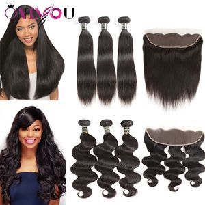 Günstige Brasilianisches Reines Haar 3 Bundles mit 13*4 Spitze Frontal Gerade Körperwelle Echthaarverlängerungen Top Remy Haar Tressen mit Verschluss