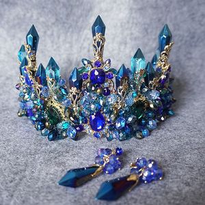 Vintage Wedding Bridal Baroque Blue Rhinestone Crystal Crown Tiara Headband Earring Jewelry Set Luxury Headpiece Princess Hair Accessories