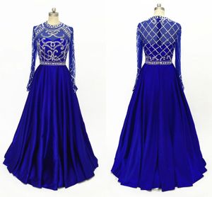 Oszałamiający Royal Blue Z Długim Rękawem Pageant Prom Dresses 2022 Wysokiej Illusion Illusion Crystal Zroszony Cekiny Linia Satyna Hollow Powrót Suknie Wieczorowe