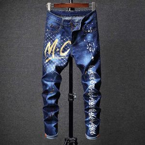 Men Printing jeans Printing Denim Pants Casual Fashionable Pencil Pants Mid Waist Colorful