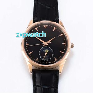 42MM Automatic men's watch moon works glass back sapphire cyrstal high grade quality 316L stainless steel rose gold case black leather strap