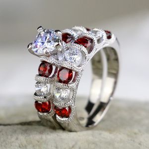 Wholesale silver cocktail set for sale - Group buy Luxury Cocktail Silver Ring Heart cut Zircon Garnet Women s Wedding Ring Engagement Ring Sets Size