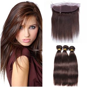 Wholesale brazil chocolate for sale - Group buy Dark Brown Brazilian Virgin Human Hair Straight Weaves with Full Frontal Chocolate Brown Bundles with x4 Lace Frontal Closure