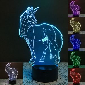 Único unicórnio 3d decoração luz da noite 7 mudança de cor led kid mesa lâmpada de mesa # r42