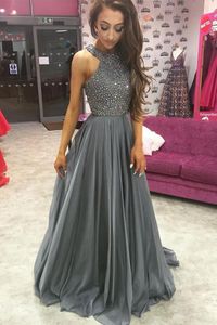 Beautiful Grey A Line Chiffon 2018 Prom Dress Rhinestone Long Sexy Backless Formal Evening Gowns Jewel Elegant Vestidos de fiesta largos
