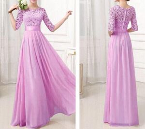 Light Purple Lace Chiffon Bridesmaid Dress Jewel Neck Lace Top Zipper Back Floor Length 1/2 Sleeve Maid of Honor Wedding Guest Dresses