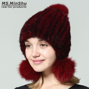 Äkta mink hatt kvinnor vinter pälshatt med 3 bollar äkta päls cap mode damer bobble momies räv päls bollar ms.minshu