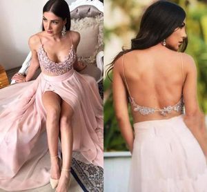 Blush Pink Prom Dresses 2018 Lace Appliques High Split Sexig Backless Cocktail Party Klänningar Billiga Skräddarsydda Evening Klänningar