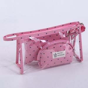 3pcs 세트 지퍼 핑크 메이크업 가방 패션 화장품 홀더 밝은 japanned 클러치 가방 귀여운 여행용 세면 도구 보관 가방