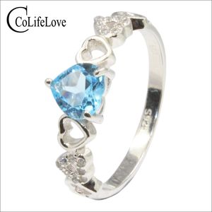 100% luz natural azul topázio anel de noivado para a menina 6mm coração corte topázio anel de prata real 925 prata esterlina topázio jóias