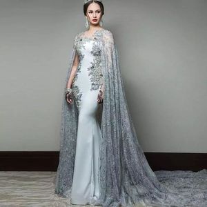 Newest Arabic Mermaid Evening Dresses With Cape Sleeve Jewel Neck Formal Lace Prom Gowns Sequined Sweep Train Celebrity Dress
