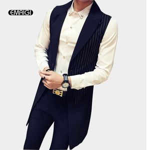 Male Sleeveless Trench Coat Stripe Splice Vest Men Fashion Slim Fit Waistcoat Trench Suit Jacket