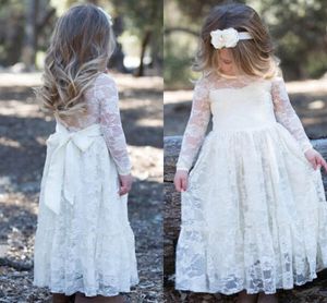 Lace branco Jóia Pescoço Flor Meninas Vestidos Para Casamentos Mangas Compridas Até O Chão Infantil Crianças A Linha Vestidos de Festa de Aniversário