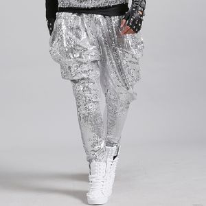 Tide Male Silver Sequins Harem Pants Bar Stage Singer Dancer Hip Hop Rock Performance Casual Loose Trousers Trouper Street Dance S221e